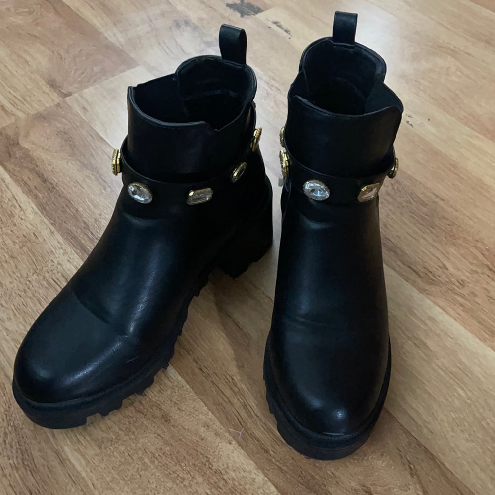 Women’s Black Combat Moto Boots with Decorative Hardware